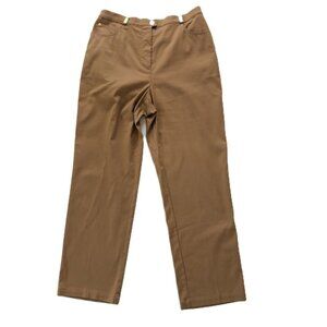 St John Sport Marie Gray Pants Size 14 Golden Tan Flat Front Stretchy Neutral